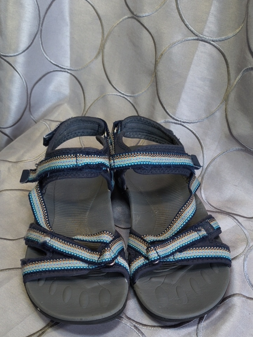 MEGNYA Olive Green Outdoor Strappy Sandal Multicolor Rainbow Nylon Velcro AB